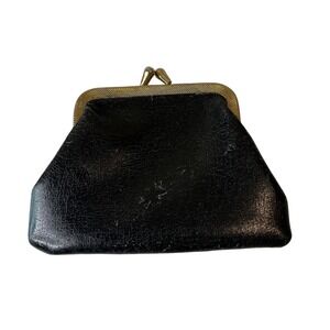 Vintage Black Leather‎ Coin Purse Pouch Wallet Kiss Lock Boho Casual Retro